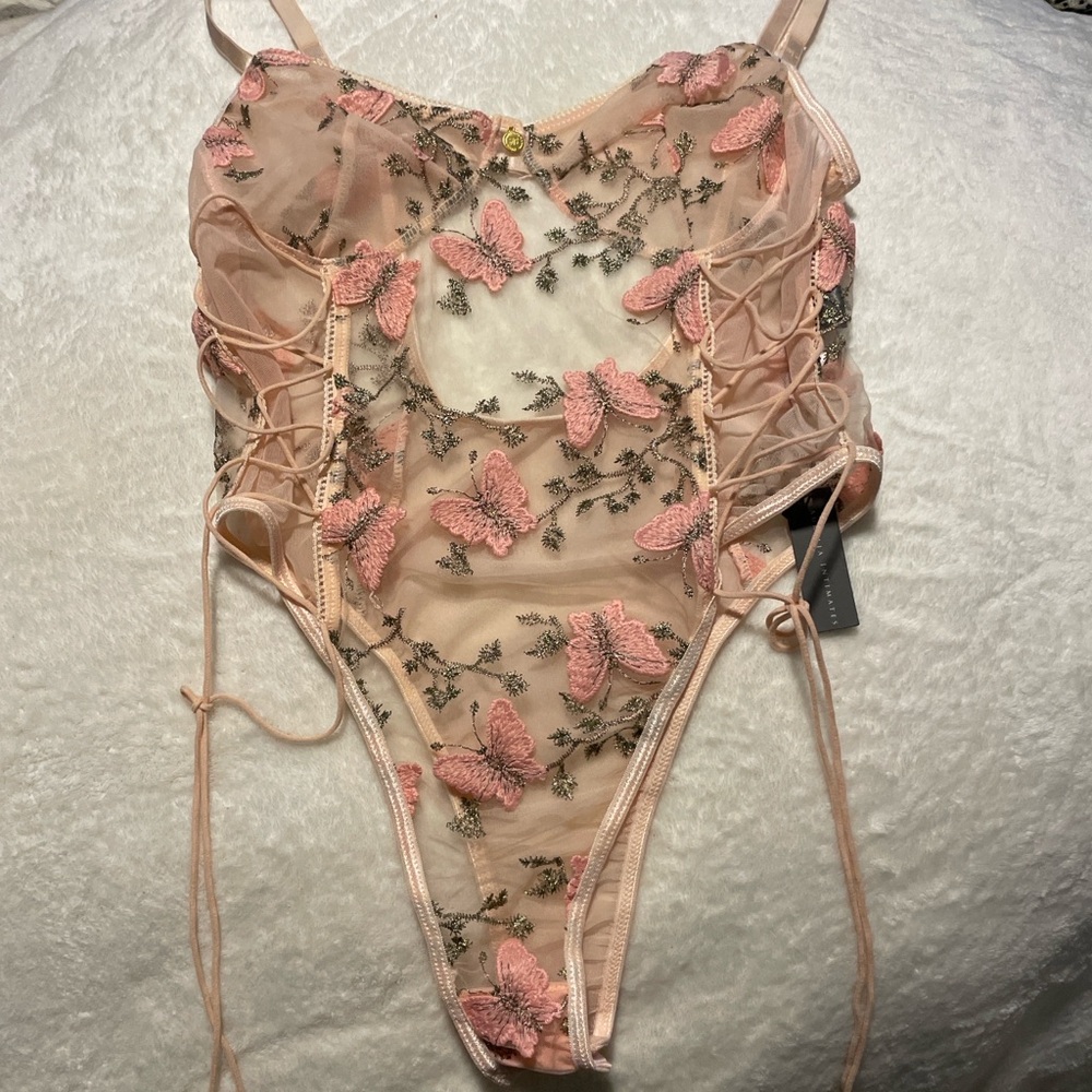 Sheer Blush Butterfly Embroidered Lace-Up Teddy Bodysuit | NWT